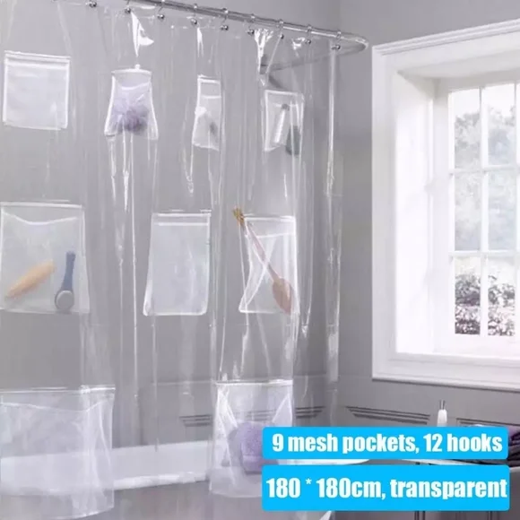 Bathroom Waterproof PEVA Clear Shower Curtain With Mesh Pockets - Picture 10 of 10